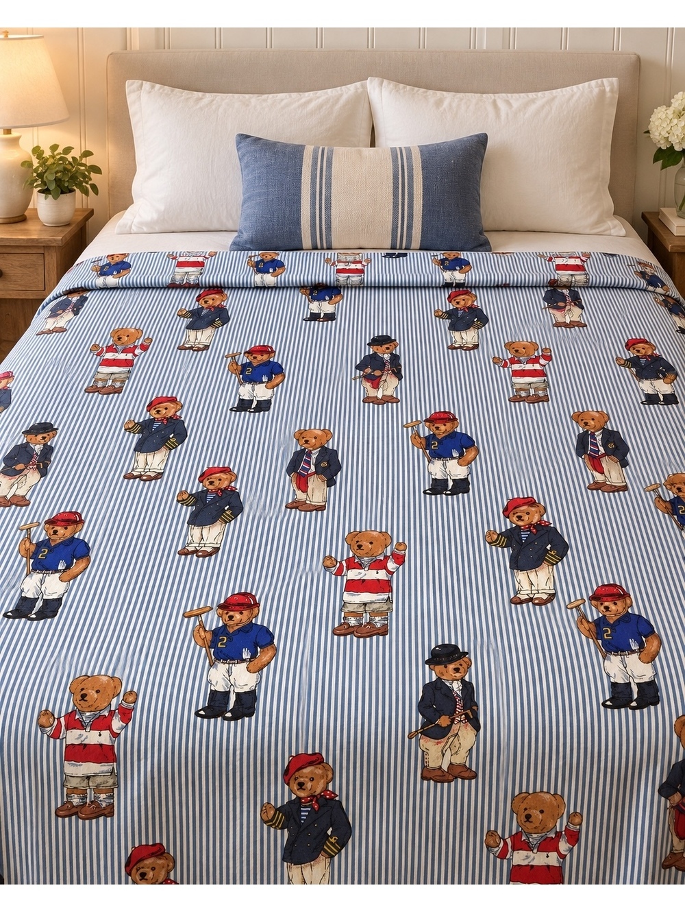 Vintage Ralph Lauren Polo Bear Blue Stripe Flat Sheet 100% Cotton USA Made